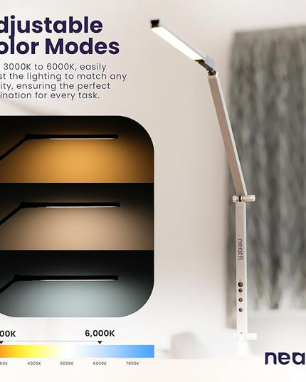 Neatfi LED Desk Lamp with Clamp, Touch & Remote Controlled, Stepless Dimming, 3 Color Modes, 3000-6000K, Detachable Shade, Flicker-Free, 360° Rotation, Wide Angle Lighting (Modern, Silver) - LeafyLoom
