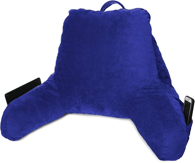 Clara Clark Reading Pillow for Kids, Small Back Pillow for Sitting Up in Bed, Memory Foam Back Support Pillow, Reading Pillows for Sitting in Bed, Royal Blue Gaming Pillow with Arms and Pockets - LeafyLoom