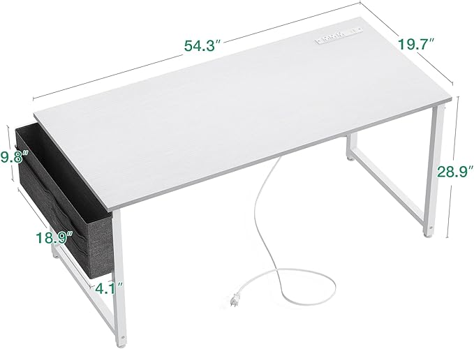 AODK 55 inch Small Computer Desk with Power Outlet for Small Spaces Home Office Student Laptop PC Writing Desks with Storage Bag Headphone Hook, White - LeafyLoom