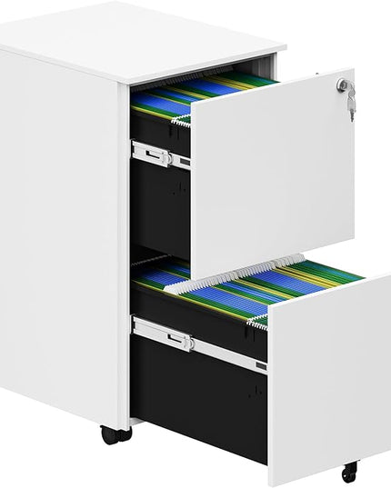 YITAHOME 2-Drawer Mobile File Cabinet with Lock, 18.9” Deep Office Filing Cabinet for Legal/Letter, Pre-Assembled Vertical Metal File Cabinet Except Wheels Under Desk White - LeafyLoom