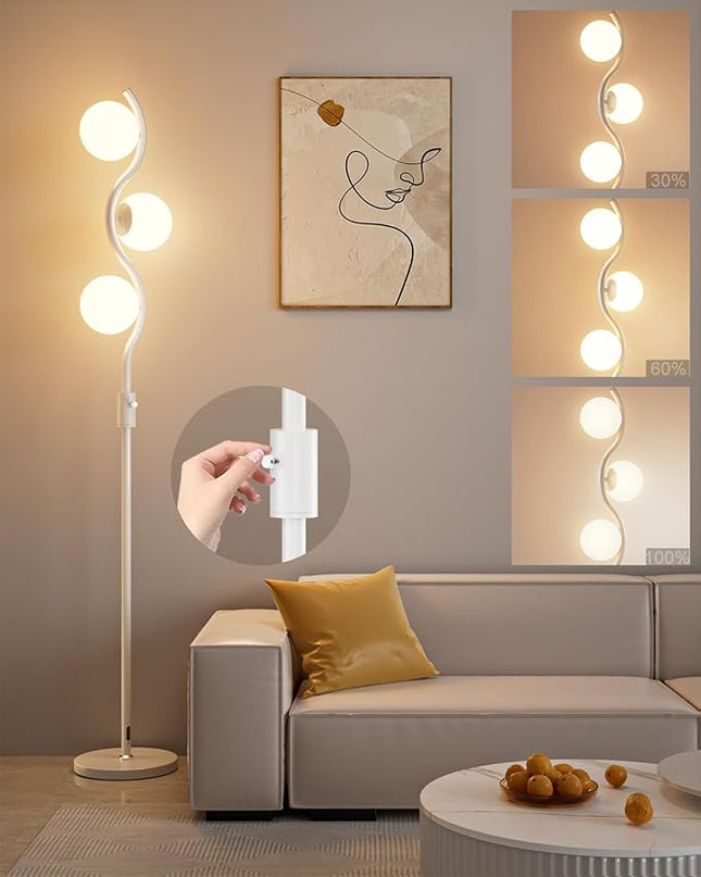 Lightdot 60IN Dimmable (Brightness Adjustable) White Floor Lamp, Mid Century Standing Lamps with 3 Globe Soft Warm White Eye Care 3000K Bulbs Included, Modern Tall Lamp for Bedroom Office - LeafyLoom