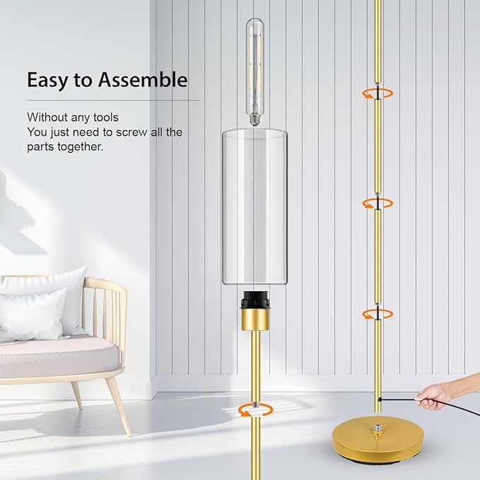 BoostArea Floor Lamp for Living Room, Gold Modern Standing Lamp Stand Up Lamp with Glass Lampshade, Simple Design Floor Lamp Pole Lamp Tall Lamps for Bedroom, Living Room, Office, Kids Room, Reading - LeafyLoom