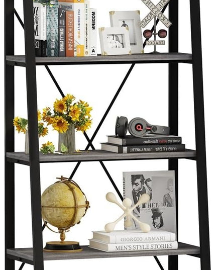BON AUGURE 5-Tier Ladder Shelf, Industrial Leaning Bookcase, Wood and Metal Ladder Bookshelf for Living Room, Bedroom, Kitchen, Home Office (Grey Oak) - LeafyLoom