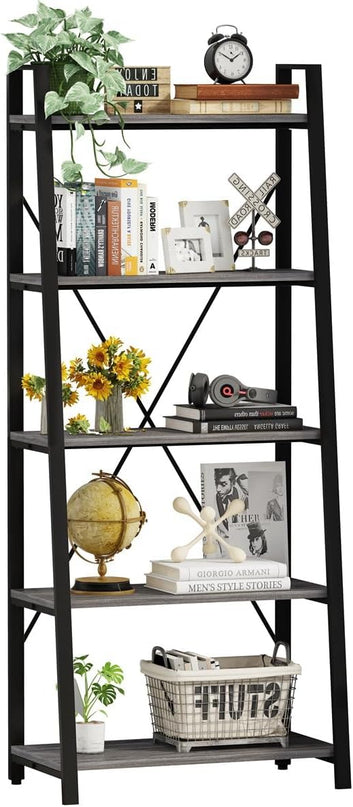 BON AUGURE 5-Tier Ladder Shelf, Industrial Leaning Bookcase, Wood and Metal Ladder Bookshelf for Living Room, Bedroom, Kitchen, Home Office (Grey Oak) - LeafyLoom