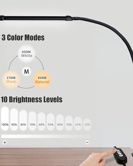 LED Desk Lamp with Clamp, Clamp Light with Adjustable Color Modes,Clip on Light with Long Flexible Gooseneck, Eye-Care Lamp Clamp for Study, Work, Home, Office, (Black, 12W) - LeafyLoom