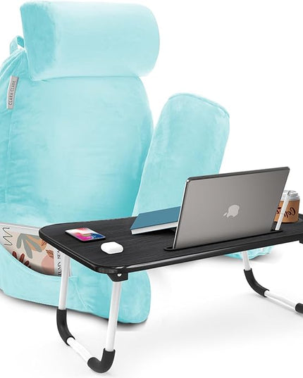 Clara Clark Reading Pillow with Portable Lap Desk for laptop Set, Back Pillow for Sitting Up in Bed, Memory Foam Back Support Pillow, Bed Rest Pillow with Foldable Laptop Desk, Large - Light Blue - LeafyLoom