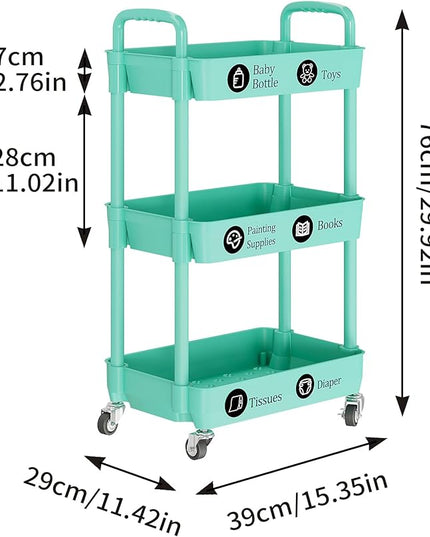 3-Tier Storage Cart,Multifunction Utility Rolling Cart Kitchen Storage Organizer,Mobile Shelving Unit Cart with Lockable Wheels for Bathroom,Laundry,with Classified Stickers,Green - LeafyLoom