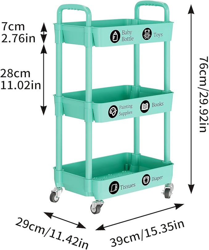 3-Tier Storage Cart,Multifunction Utility Rolling Cart Kitchen Storage Organizer,Mobile Shelving Unit Cart with Lockable Wheels for Bathroom,Laundry,with Classified Stickers,Green - LeafyLoom