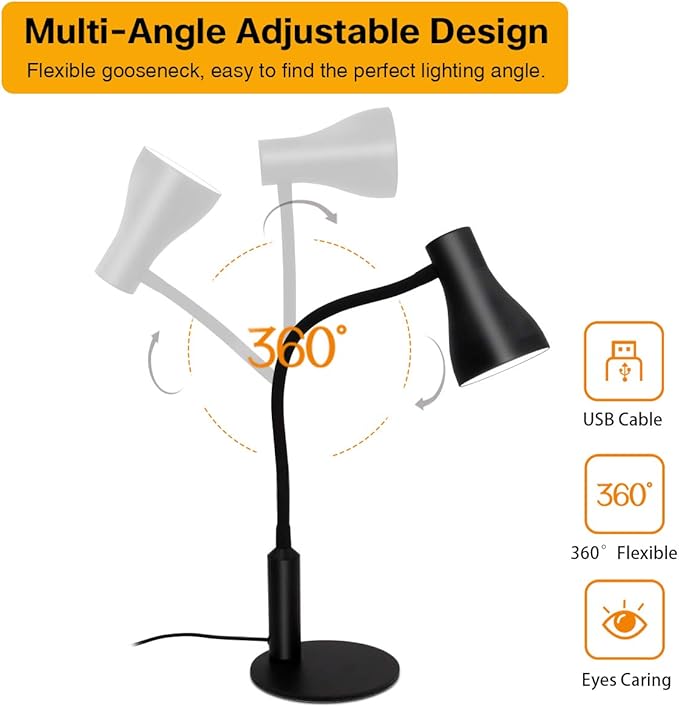 LED Desk Lamp, 3 Lighting Modes and 6 Brightness Levels, 10W Flexible Gooseneck Table Lamp for Living Room and Study, Remote Control with Timing Function, AC Adapter Included (Black) - LeafyLoom