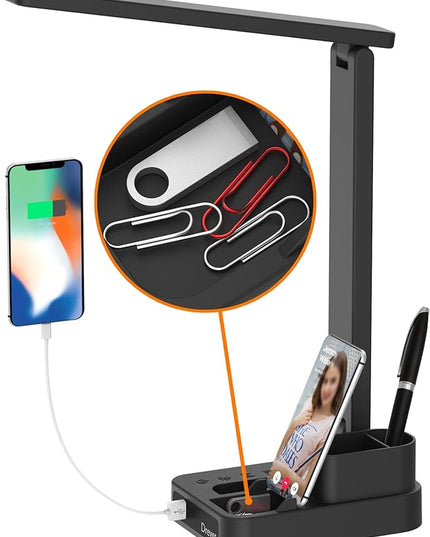 Drevet LED Desk Lamp with Pen Holder, Study Table Light with USB Charging Port, 3 Lighting Modes, 3 Level Brightness,1H Timer, Touch Control, Eye-Caring Lamp, Dorm Room Essential for College Students - LeafyLoom