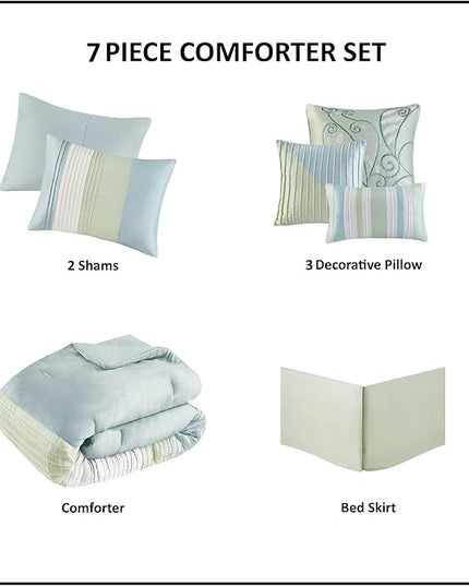 Madison Park Amherst Faux Silk Comforter Set-Casual Contemporary Design All Season Down Alternative Bedding, Matching Shams, Bedskirt, Decorative Pillows, Cal King(104"x92"), Green, 7 Piece (MP10-848) - LeafyLoom