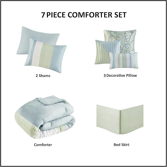 Madison Park Amherst Faux Silk Comforter Set-Casual Contemporary Design All Season Down Alternative Bedding, Matching Shams, Bedskirt, Decorative Pillows, Cal King(104"x92"), Green, 7 Piece (MP10-848) - LeafyLoom