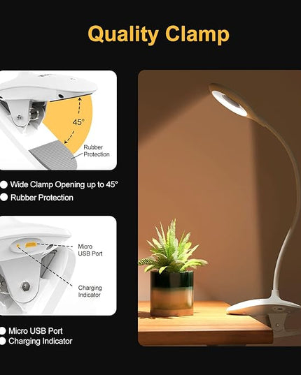 Clip on Light for Bed & Desk, Reading in Bed, Dorm, Flexible Gooseneck, Battery Operated Rechargeable Clamp Lamp for Headboard, Eye-Caring LED Light with 3 Brightness Modes - LeafyLoom