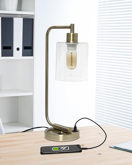Simple Designs LD1066-BLK Bronson Antique Style Industrial Iron Lantern Desk Bedside Table Lamp with Dual 2 USB Charging Ports and Glass Shade, Black - LeafyLoom