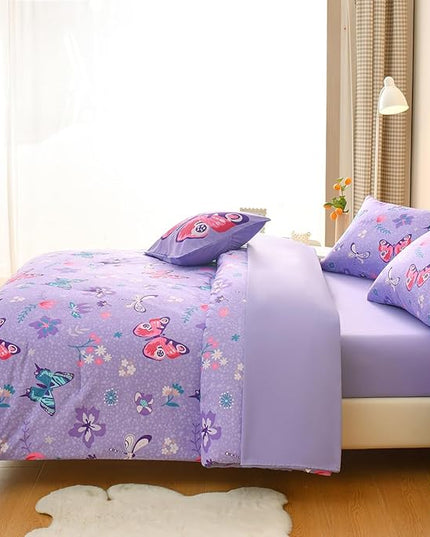 Butterfly Bedding Set Full, Purple Butterfly Comforter Set for Girls Kids Teens 6 pcs Bed in a Bag Full Bedding Sets for Girls - LeafyLoom