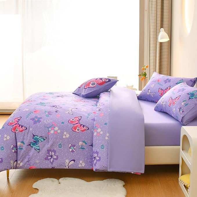 Butterfly Bedding Set Full, Purple Butterfly Comforter Set for Girls Kids Teens 6 pcs Bed in a Bag Full Bedding Sets for Girls - LeafyLoom