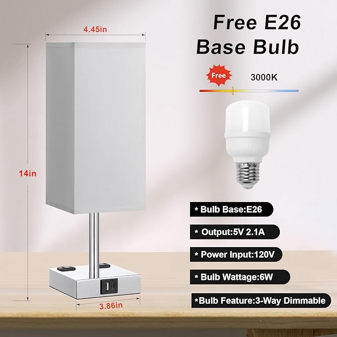 aooshine Touch Bedside Table Lamp set of 2-3-Way Dimmable Night Lamp with USB A + Type C Charging Ports and two AC Outlets, Small Desk Light with E26 LED Bulb for Bedroom Living Room Dorm Office - LeafyLoom