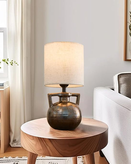 Rustic Farmhouse Ceramic Table Lamp Set of 2, Retro Bedsides Lamps Bedroom with Beige Fabric Lampshade Jar Lamps for Nightstand, 12” Small Table Lamp for Bedroom Living Room Office End Table Art Deco - LeafyLoom