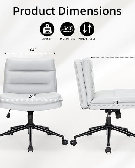 Armless Office Chair with Wheels Wide Desk Chair Leather Mid Back Accent Chair Padded Swivel Vanity Chair for Girl Women Computer Task Chair for Home Office (Suede Fabric, Light Grey) - LeafyLoom