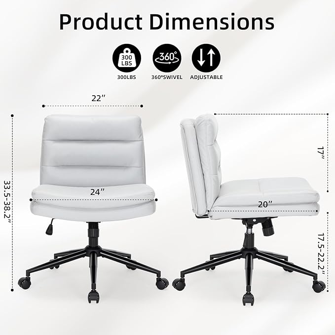 Armless Office Chair with Wheels Wide Desk Chair Leather Mid Back Accent Chair Padded Swivel Vanity Chair for Girl Women Computer Task Chair for Home Office (Suede Fabric, Light Grey) - LeafyLoom