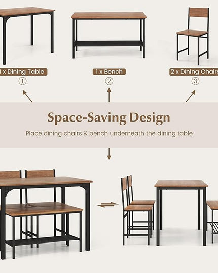 LDAILY Moccha Dining Table Set for 4, Wooden Kitchen Table with with 2 Chairs and a Long Bench, Modern 4-Piece Dinette with Metal Frame & Storage Rack, Space-Saving Table Set for Dining Room, Teak - LeafyLoom
