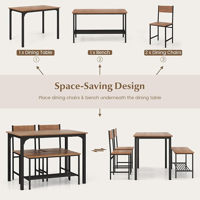 LDAILY Moccha Dining Table Set for 4, Wooden Kitchen Table with with 2 Chairs and a Long Bench, Modern 4-Piece Dinette with Metal Frame & Storage Rack, Space-Saving Table Set for Dining Room, Teak - LeafyLoom