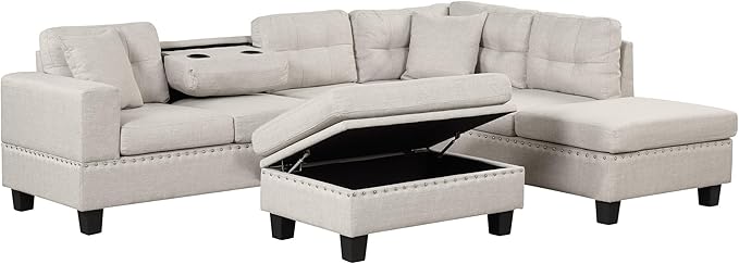 104.5" Modern L-Shape Sectional Sofa with Reversible Chaise &Storage Ottoman, Linen Upholstered Couch w/Rivet Ornament, 2 Pillows and Cup Holder, for Living Room, Apartment - LeafyLoom