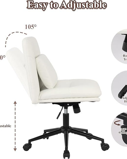 Criss Cross Chair Armless Office Chair Desk Chair with Wheels Pu Leather Cross Legged Office Chair, Wide Desk Chairs Computer Chair Swivel Vanity Chair with Lumbar Cushion for Home & Office - LeafyLoom
