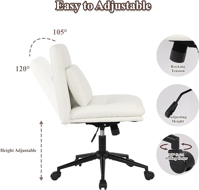 Criss Cross Chair Armless Office Chair Desk Chair with Wheels Pu Leather Cross Legged Office Chair, Wide Desk Chairs Computer Chair Swivel Vanity Chair with Lumbar Cushion for Home & Office - LeafyLoom