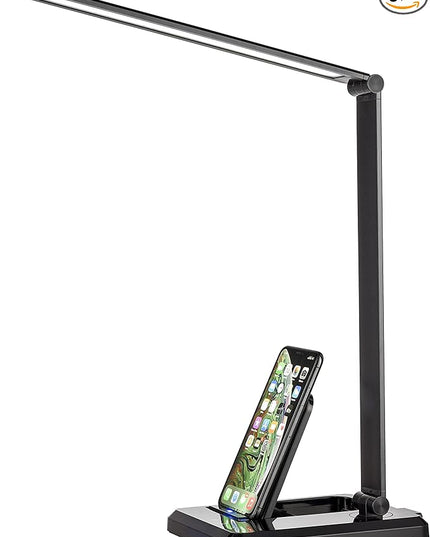 Fugetek LED Desk Office Lamp with Wireless Charger & USB Charging Port, Touch Control, 5 Lighting Modes, 30/60 Min Auto Timer, Eye-Caring, Dimmer, Black - LeafyLoom