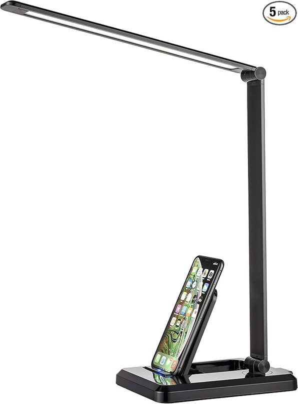 Fugetek LED Desk Office Lamp with Wireless Charger & USB Charging Port, Touch Control, 5 Lighting Modes, 30/60 Min Auto Timer, Eye-Caring, Dimmer, Black - LeafyLoom