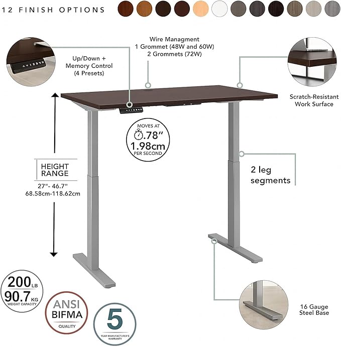 Bush Business Furniture Move 60 Series Electric Ergonomic Sit-Stand Computer Table for Home and Professional Office, 60W x 30D, Mocha Cherry - LeafyLoom