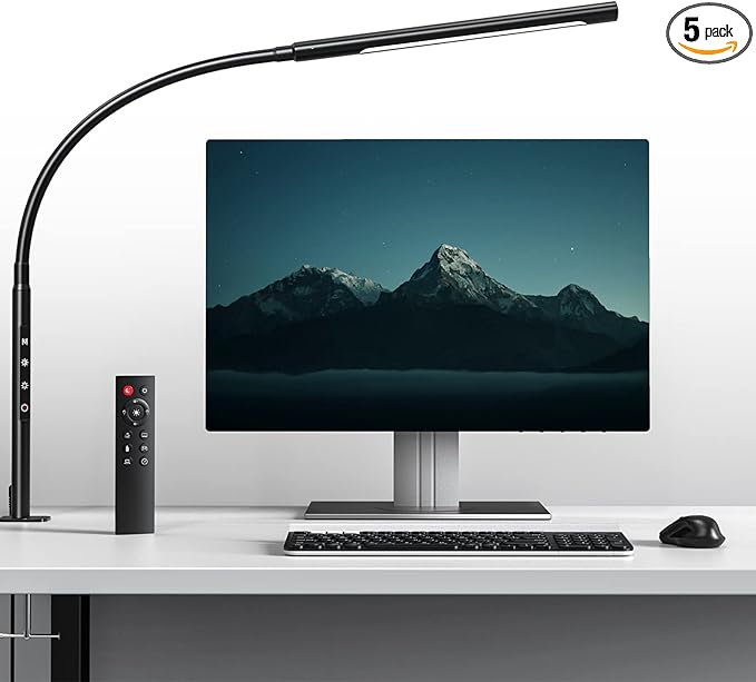 Swing Arm Desk Light with Remote Control, Eye-Caring Gooseneck Desk Lamp, Adjustable Brightness & Color Temperatures, Modern LED Clamp Light with Memory & Timer Function, 12W, Matteblack - LeafyLoom