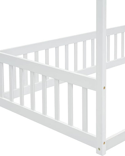 Twin Size Canopy Bed Frame with Guardrails for Kids,Floor Bed Twin with Four Poster Design,Kids Montessori Floor Bed,Wood Canopy Bed Frame for Girls,Boys(Twin,White) - LeafyLoom