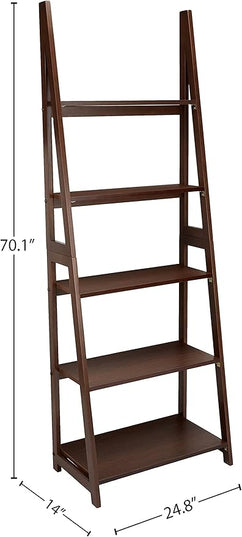 Amazon Basics Modern 5-Tier Ladder Bookshelf Organizer, Solid Rubberwood Frame, Walnut Finish, 14" D x 24.8" W x 70.1" H - LeafyLoom