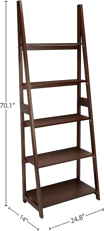 Amazon Basics Modern 5-Tier Ladder Bookshelf Organizer, Solid Rubberwood Frame, Walnut Finish, 14" D x 24.8" W x 70.1" H - LeafyLoom