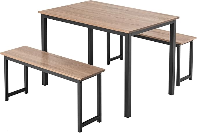KOTEK Dining Table Set for 4, Modern Kitchen Table Set with 2 Benches, 3 Piece Dining Table and Bench Set for Small Space, 4-Person Dinette Set for Kitchen, Dining Room (Natural) - LeafyLoom