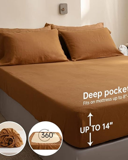 Simple&Opulence 100% Linen Sheet Set Solid Color- 6 Pcs Washed French Flax Bed Sheets (1 Flat Sheet, 1 Fitted Sheet, 4 Pillowcases) - Breathable Home Collection (Basic Rust, Queen) - LeafyLoom