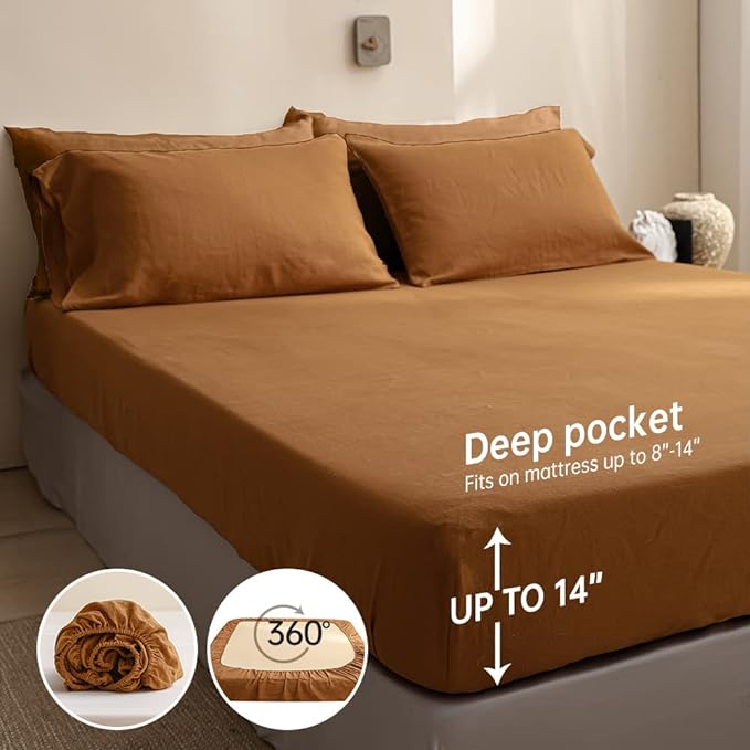 Simple&Opulence 100% Linen Sheet Set Solid Color- 6 Pcs Washed French Flax Bed Sheets (1 Flat Sheet, 1 Fitted Sheet, 4 Pillowcases) - Breathable Home Collection (Basic Rust, Queen) - LeafyLoom