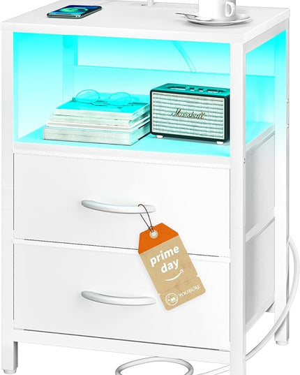 Yoobure Nightstand with Charging Station, LED Night Stand with Fabric Drawers and Storage Shelf for Bedroom, Nightstands Bedside Tables with USB Ports & Outlets, Small Night Stands, Bed Side Table - LeafyLoom