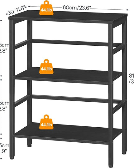 HOOBRO 3 Tier Bookshelf, Industrial Bookcase, Record Storage Rack with Side Fence, Wood Storage Shelf with Metal Frame, Rustic Open Display Shelf for Living Room, Bedroom, Black BB86CJ01 - LeafyLoom