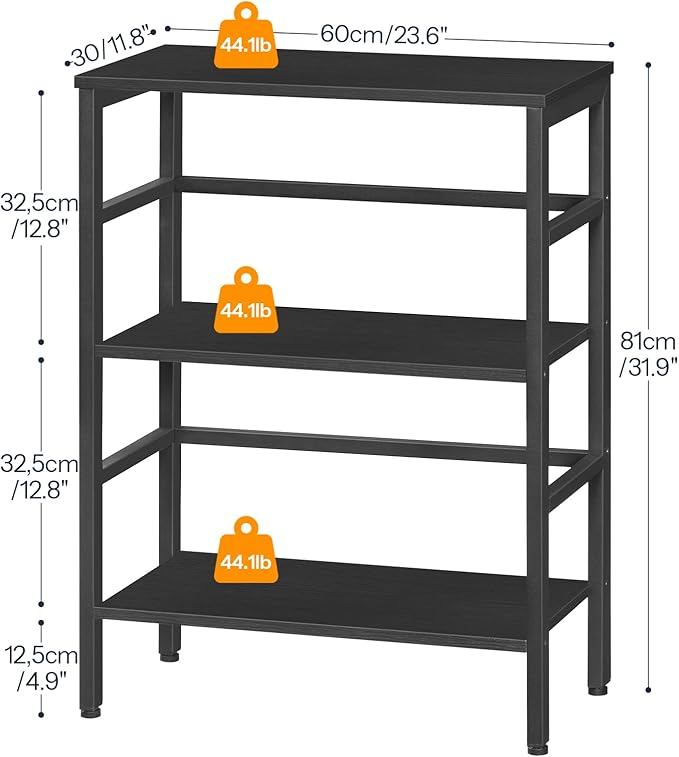 HOOBRO 3 Tier Bookshelf, Industrial Bookcase, Record Storage Rack with Side Fence, Wood Storage Shelf with Metal Frame, Rustic Open Display Shelf for Living Room, Bedroom, Black BB86CJ01 - LeafyLoom