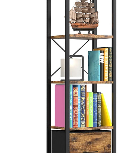 Narrow-Bookshelf-With-Storage-Drawer, 5-Tier Small Standing Book Shelf Organizer For Small Space, Tall Thin Bookcase Shelf For Bedroom Living Room Office, Wooden Shelving Unit Rack For Display - LeafyLoom