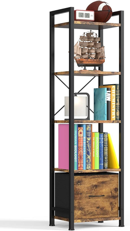 Narrow-Bookshelf-With-Storage-Drawer, 5-Tier Small Standing Book Shelf Organizer For Small Space, Tall Thin Bookcase Shelf For Bedroom Living Room Office, Wooden Shelving Unit Rack For Display - LeafyLoom