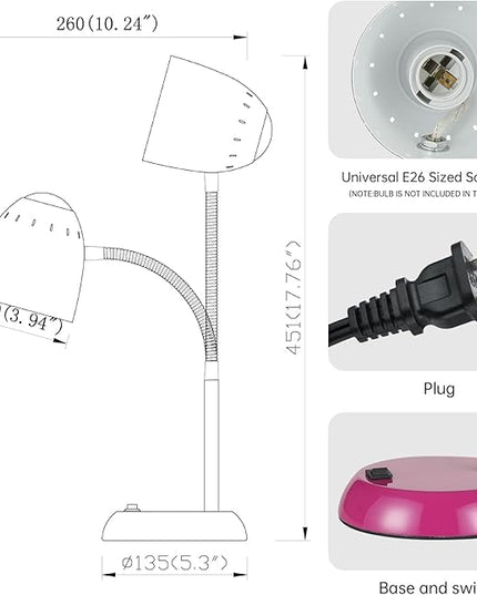 Eye-Caring Table Lamp of Simple Designs Home E26 Led Screw Basic Metal Desk Lamp with Flexible Gooseneck Hose Neck Study Lamp for Bedroom Office Living Room Convenient On/Off Switch (Purple) - LeafyLoom