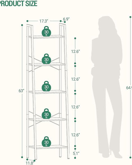 Ladder Shelf, Bookshelf Bookcase, Freestanding Corner Storage Shelve with 2 Hooks for Home Office, Living Room, Kitchen, Bedroom, Industrial, 5-Tier Greige BC19205B - LeafyLoom