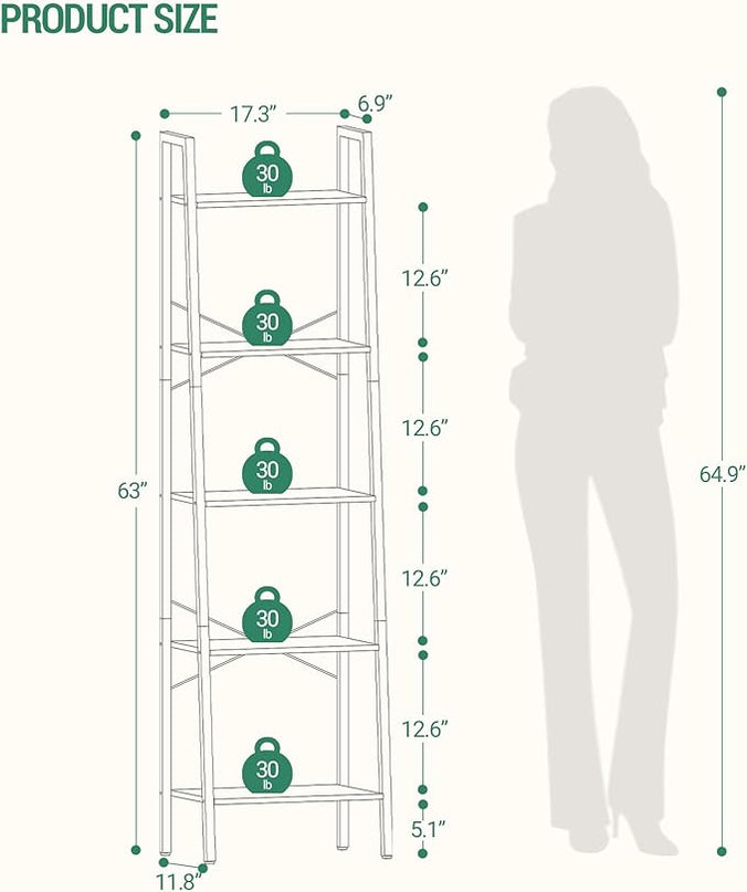 Ladder Shelf, Bookshelf Bookcase, Freestanding Corner Storage Shelve with 2 Hooks for Home Office, Living Room, Kitchen, Bedroom, Industrial, 5-Tier Greige BC19205B - LeafyLoom