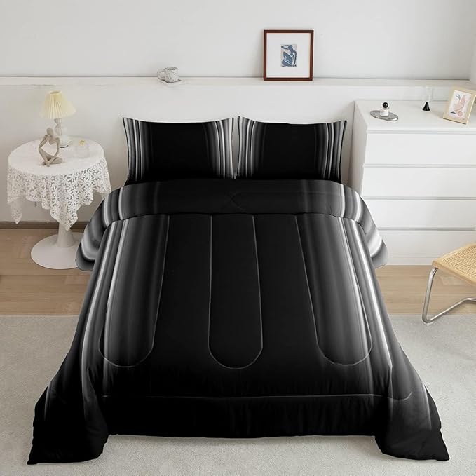 Feelyou Geometric Abstract Ombre Bedding Set Men Adults Teens Grey Gray and Black Striped Comforter Set Kids Boys Girls Simple Modern Quilt Setwith 2 Pillowcases 3Pcs Bedding Queen - LeafyLoom