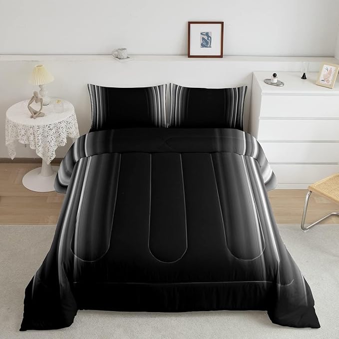 Geometric Abstract Ombre Bedding Set Men Adults Teens Grey Gray and Black Striped Comforter Set Kids Boys Girls Simple Modern Quilt Setwith 2 Pillowcases 3Pcs Bedding Full - LeafyLoom