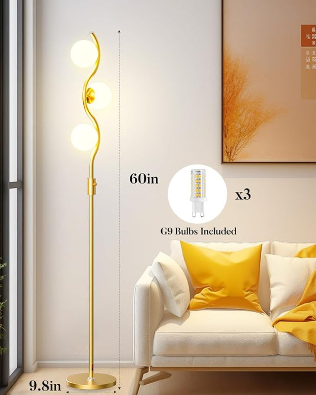 Lightdot 60IN Dimmable (Brightness Adjustable) Gold Floor Lamp, Mid Century Standing Lamps with 3 Globe Soft Warm White Eye Care 3000K Bulbs Included, Modern Tall Lamp for Bedroom Office - LeafyLoom